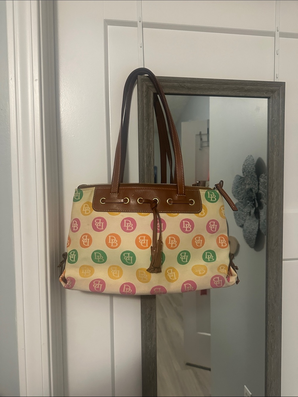 Dooney & Bourke cream Multicolor Canvas Shoulder Bag with Brown Leather Trim
